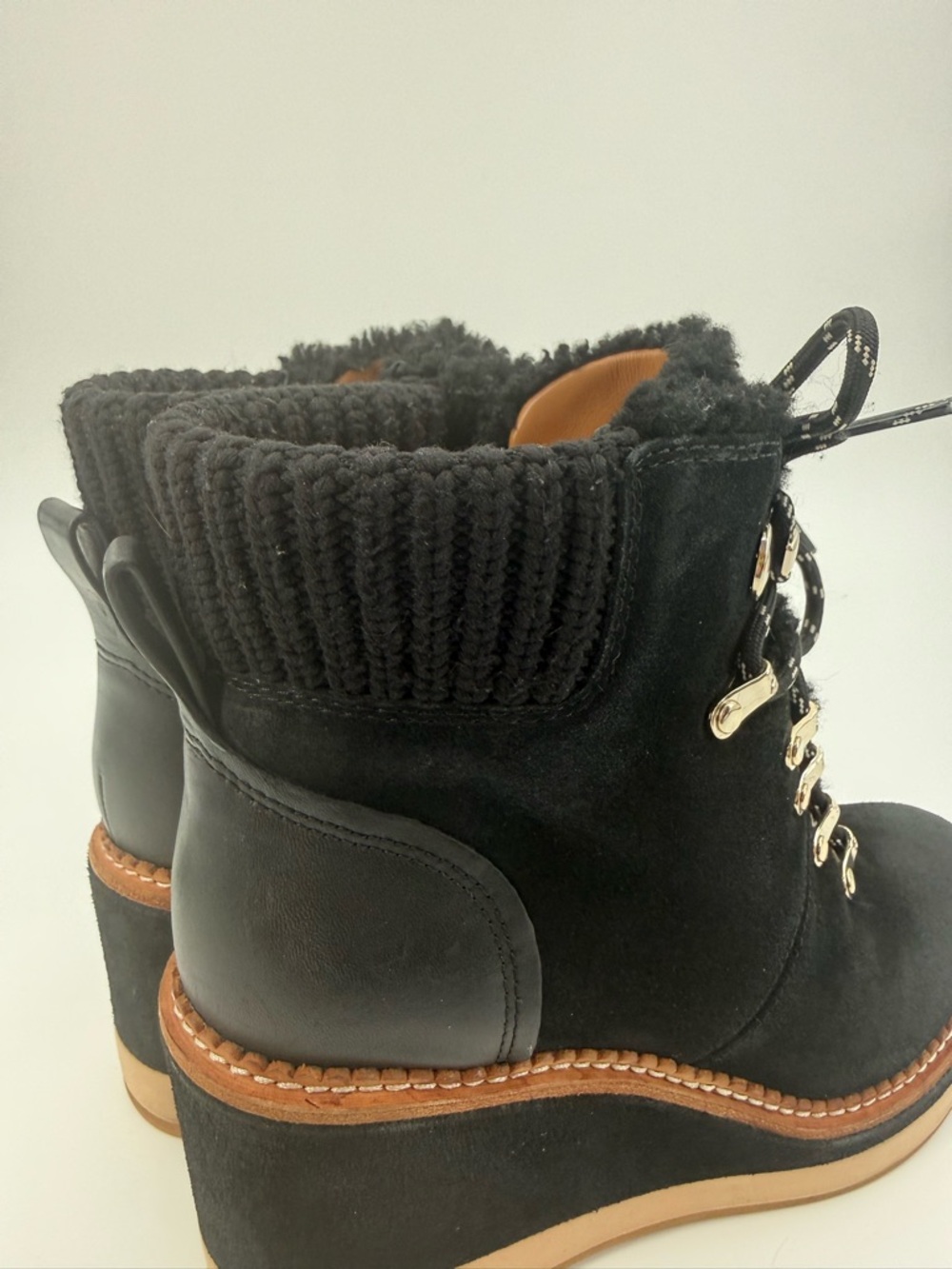 Kate Spade Willow Wedge Lace Up Knit Collar Suede Platform Booties SZ 7.5B - Picture 13 of 16